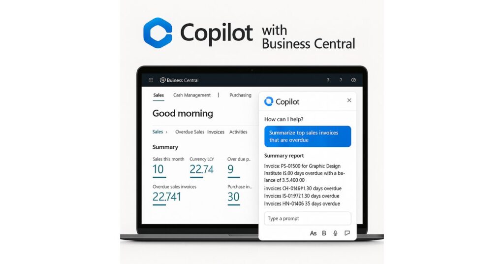 Laptop showing Microsofts's Business Central and CoPilot
