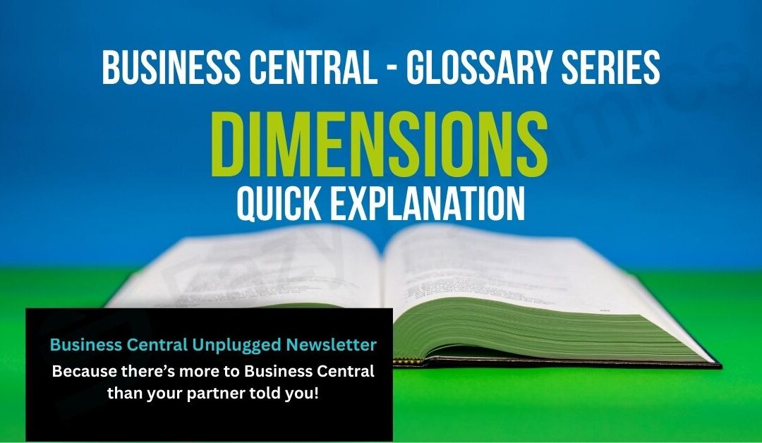 Open book with the words 'Dimensions - Quick Explanation' as part of the Microsoft Glosaary series
