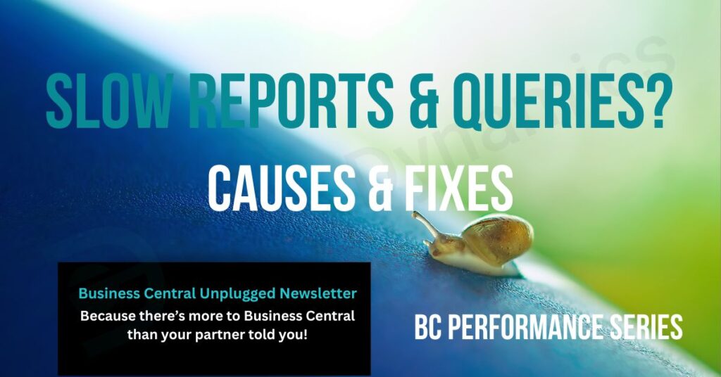 A small snail makes its way upwards. Text on image reads 'Slow Reports & Queries? - Causes and Fixes'