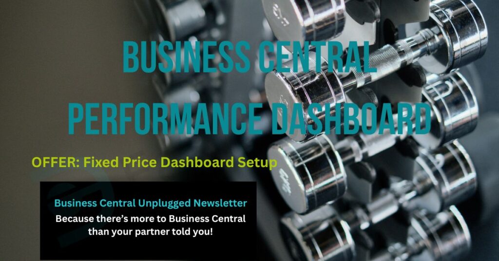 Barebell stack on rack with overlay text 'Business Central Performance Dashboard' and 'Offer: Fixed Price Dashboard Setup'