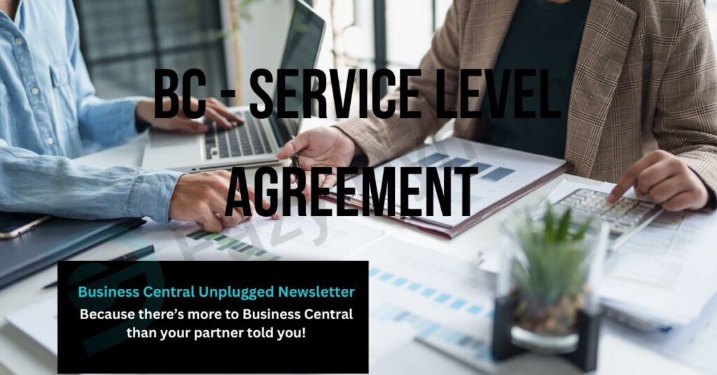 Two people looking over charts and graphs with an overlay text of 'BC - Service Level Agreement'