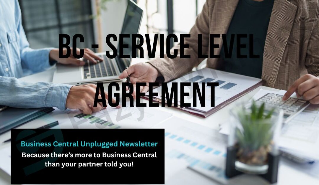 Two people looking over charts and graphs with an overlay text of 'BC - Service Level Agreement'