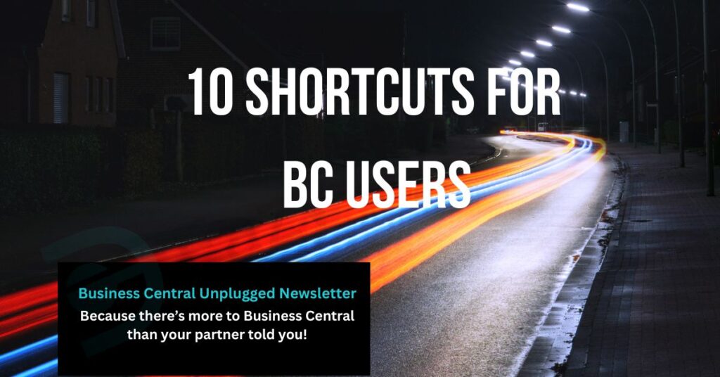 Speed car with lights trailing with text '10 Shortcuts for Business Central Users'
