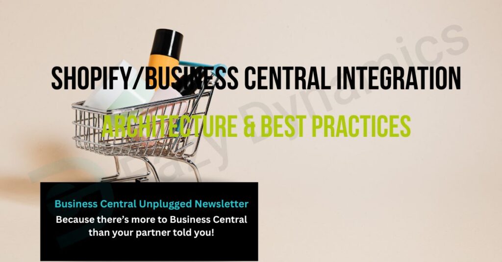 Image of a shopping cart with goods in it. With overlay text 'Shopify and Business Central Integration'