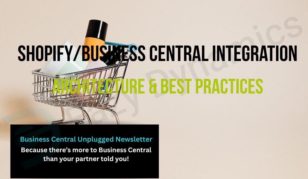 Image of a shopping cart with goods in it. With overlay text 'Shopify and Business Central Integration'