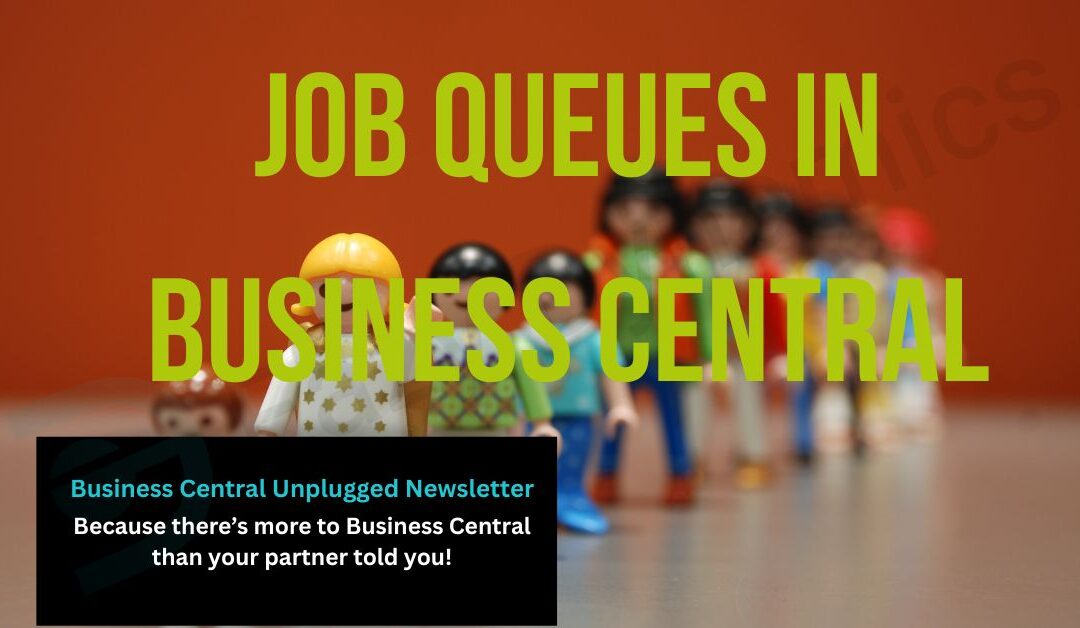 A line of dolls with overlay text 'Job Queues in Business Central'