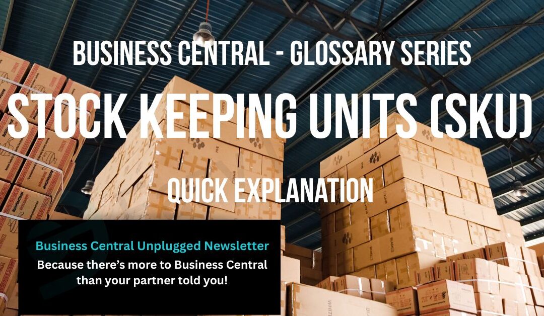 Stacked boxes in a warehouse with overlay text 'Stock Keeping Units - S K U'