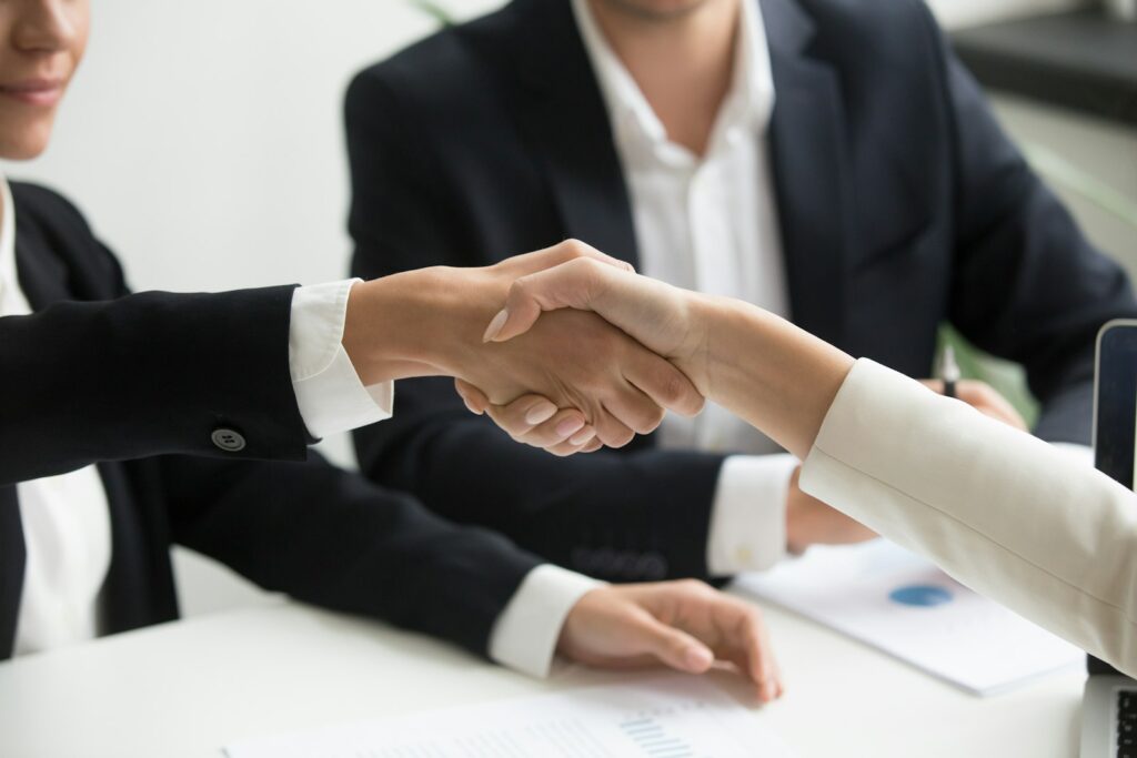 Consultant and client shaking hands